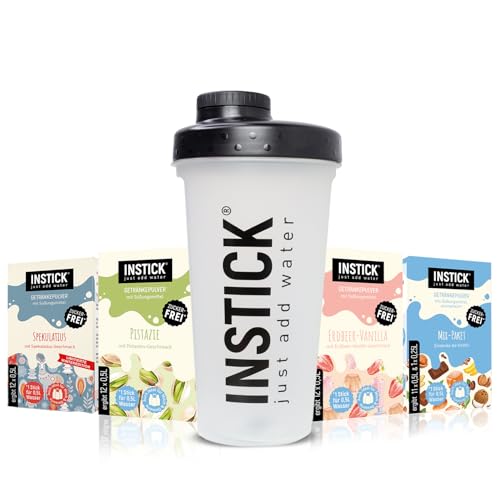 INSTICK Shaker Bundle Shaker 0,6 l transparent + 4 paquets de boissons en poudre (spéculatius, fraise vanille, pistache et lait) – Sans sucre, végétalien, faible en calories et crémeux