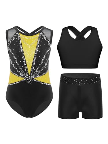RUNQHUI Ensemble de Gymnastique 3 Pièces pour Fille Justaucorps sans Manches Strass avec Short et Haut Tenue Ballet Danse Patinage D Jaune 11-12 ans
