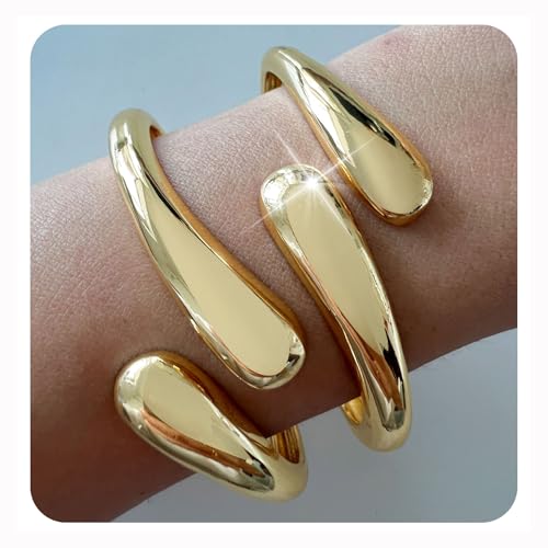 Gold/Silver Polished Chunky Bangle Bracelet for Women, Wide Twisted Cuff Hinged Bangle Waterdrop Teardrop, Minimalist Bangle Trendy Jewelry Gifts2