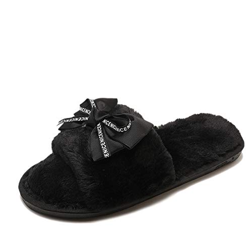 Preisvergleich Produktbild Hausschuh Badeschuhe Badeschlappen Herbst Und Winter Baumwolle Schmetterling Knoten Rutschfest Verschleißfeste Gummidämpfung Tingting (Farbe : SCHWARZ, größe : 38)