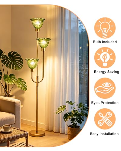 Image of Lightdot 3-Lights Glass Floor Lamp 66IN Modern Gold Dimmable Floor Lamps with 3000K Warm White Bulbs for Wedding Party Tall Standing Lamp with Green Glass Shade for Living Room /Bedroom /Home Decor