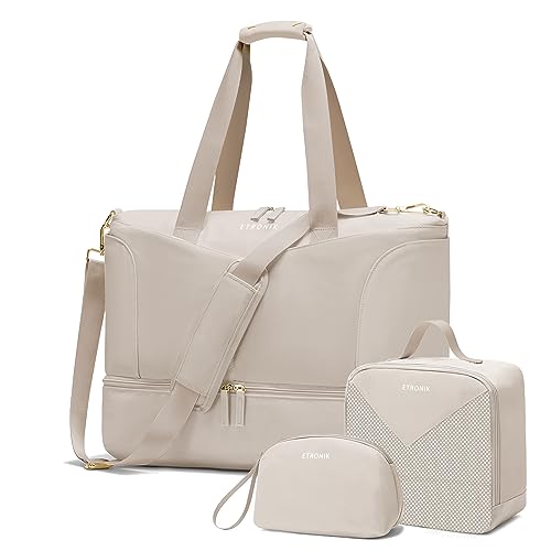ETRONIK Weekender Bag for Women, Carry on Bag for Airplanes with USB Charging Port, Travel Duffle Bag with Shoe Compartment & Wet Pocket, Overnight Bag for Women with Toiletry Bag 3Pcs Set, Brown