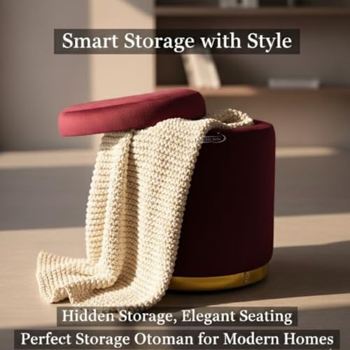 Image of Velvet Round Single Strip Ottoman Office Stool Foot Rest Stool Velvet Fabric Padded Seat Pouf Ottoman 13 X 13X 16 inch, in Round Shape for Living Room Maroon
