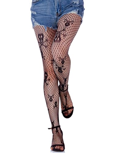 Olbye Black Fishnet Stockings Skull Thigh High Waist Stocking Snake Lace Leggings Halloween Goth Tights for Women (US Alpha One Size Regular Regular Skull A)