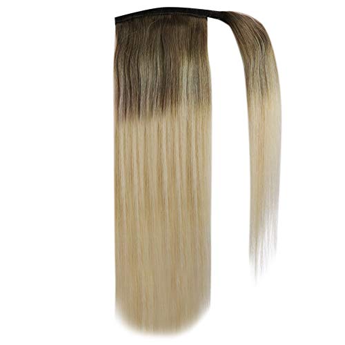 YoungSee 18inch Ponytail Hair Extensions Balayage Human Hair Piece Light Brown Fading to Platinum Blonde Clip in Ponytail Remy Human Hair Extensions 80Grams