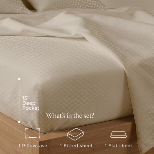 Image of Threadmill 300 Thread Count Cotton Twin Sheet Set, Sateen, Jacquard, Beige | 100% Cotton, Sateen Weave, Jacquard Pattern, 3-Piece Set, 16 inch Deep Pocket, Cooling, Breathable, OEKO-TEX Certified