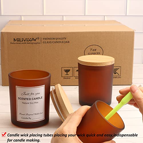image for MILIVIXAY 12 Pack 7 OZ Frosted Amber Glass Candle Jars With Lids and C
