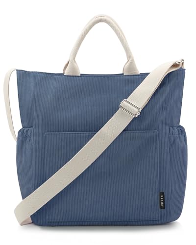 Prite Shopper Tasche Damen Groß Cordtaschen Tote Bag Cord Beuteltasche Stofftasche mit Verstellbarem Schultergurt für Arbeit Reisen Einkaufen Schule College (Blau)