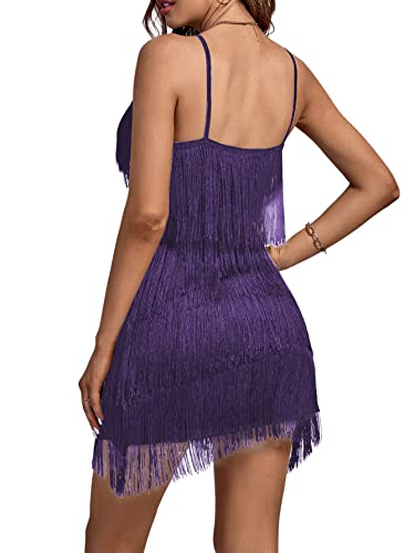 Image of Umenlele Women's Layered Fringe Deep V Neck Cami Mini Dress Sleeveless Tassels Flapper Dresses