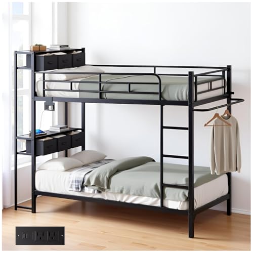 Lista de Literas Economicas Con Colchon de esta semana. 47 HOMELYA Litera Base Cama Individual con Repisas y Perchero - Literas Individuales para Niños y Adultos - Muebles para Recámara con Estación de Carga Portátil (Negro)