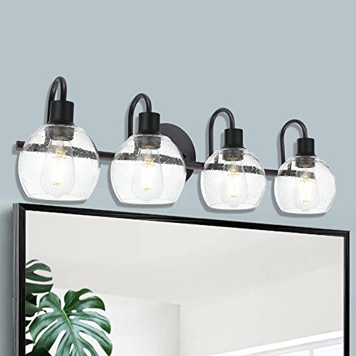 Image of 4-Lights Contemporary Bathroom Light Fixtures Over Mirror with Seeded Globe Glass Shades, Black Rustic Vanity Wall Lighting for Bedroom Dressing Cabinet