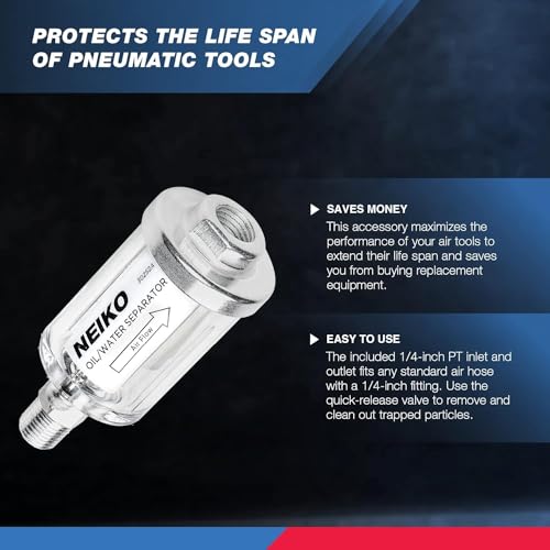 NEIKO 30252A Water and Oil Separator for Air Line | 1/4" NPT Inlet and Outlet | 90 PSI | Air Compressor and Air Tool Accessory | Protect Lifespan of Pneumatic Tools | Water Moisture Filter Dryer