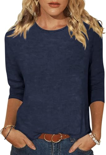 YUTILA Shirt Damen 3/4 Ärmel Tshirt Basic Rundhals Baumwolle Casual Einfarbig Oberteile Leichte Freizeit