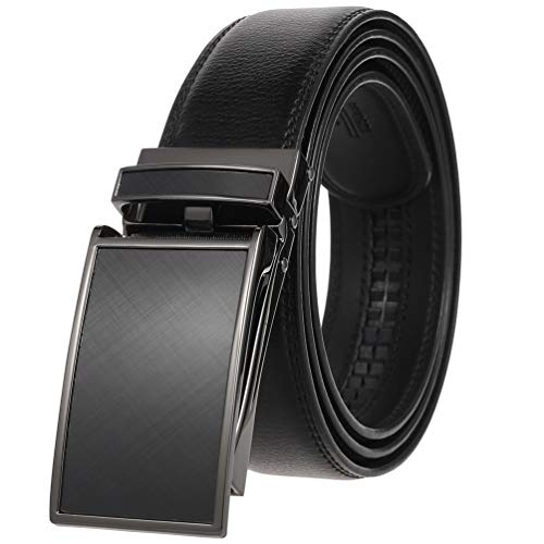 QBSM Men's Leather Slide Ratchet Dress Belt with Automatic Buckle, Gifts for Men with Exquisite Gift Box