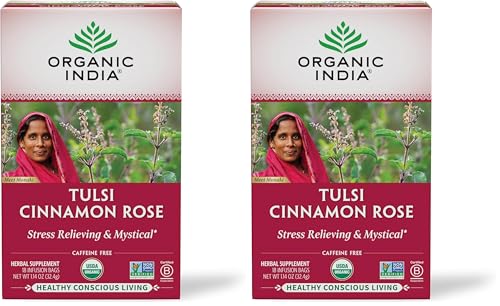 Image of ORGANIC INDIA Tulsi Cinnamon Rose Tea Bags - Tulsi Rose, Cinnamon with Holy Basil, Chamomile, Stevia, USDA Certified Organic Caffeine Free Herbal Tea - 18 Infusion Bags, 2 Pack