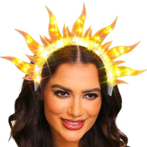 Flovel Leuchtender Flammen-Stirnband, gelbe LED-Sonnen-Haar-Accessoires, leuchtende Kopfbedeckung für Damen
