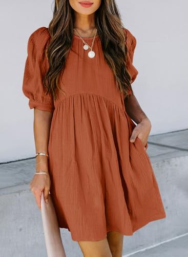 Image of Dokotoo Womens Summer Crewneck Puff Sleeve Babydoll Elegant Empire Waist Mini Swing Skater Dresses with Pockets