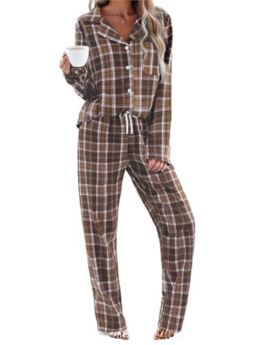 Ekouaer Pajamas Set for Womens 2 Piece Cotton Plaid Pjs Long Sleeve Sleepwear Soft Button Down Loungewear with Pockets