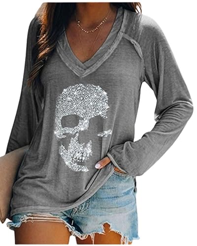 Fronage Womens Rhinestone Skull Tank Tops Long Short Sleeve Summer V Neck Sleeveless Shirts