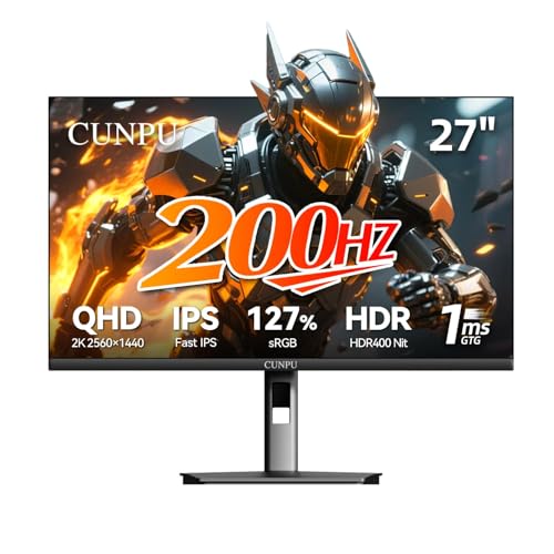 Image of CUNPU 27 Inch 1440p Gaming Monitor 200Hz, 1ms, Fast IPS Screen, HDR400, 127% sRGB Color Gamut, Tilt Adjustable Stand, Adaptive Sync Technology, HDMI & DP Ports, 2K Monitor, Black