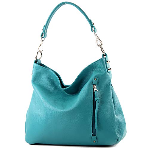 modamoda de T183 Damen Schultertasche Handtasche Tragetasche Echtleder Groß handmade in Italy, Farbe:Türkis_1
