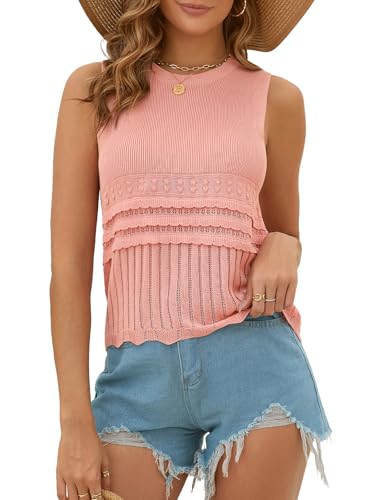 Womens Summer Crop Knit Tank Tops Sweater Tank Crew Neck Sleeveless Pullover Top Crochet Hem Vest 2025 Summer