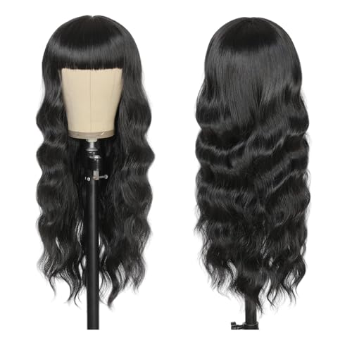 InsQueen Black Wig with Bangs 26 Inch Long Wavy Wigs for Women Body Wave Natural Looking Heat Resistant Synthetic Wig for Women Girls — view 3