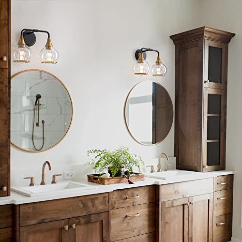 Image of Black and Gold Bathroom Light Fixtures 2-Lights Vanity Lights with Clear Glass Shade Bathroom Vanity Light 14 Inch Wall Sconces(Exclude E26 Bulb)