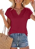 Xosini Short Sleeve Womens Tops V Neck Cap Sleeve Spring Clothes Summer Outfits Loose Fit Shirt 2026 Beach Fashion Basic Tunic Fashion Trendy Blouse Business Casual Tunic,Redwood,XL