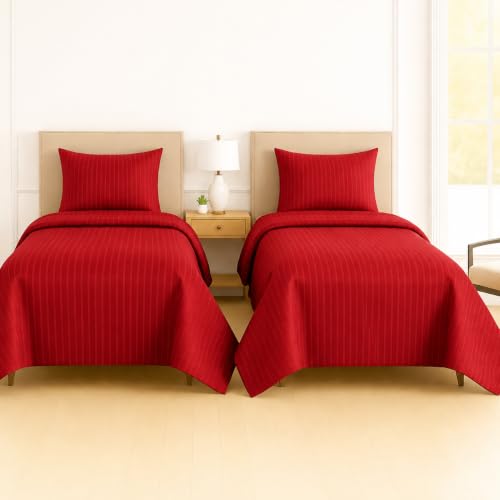 Image of DECOR2ADMIRE 300 Thread Count Premium Glace Cotton Plain Stripe Single Bedsheet with One Pillow Cover (60 inch x 90 inch) (Red, Pack of 2)