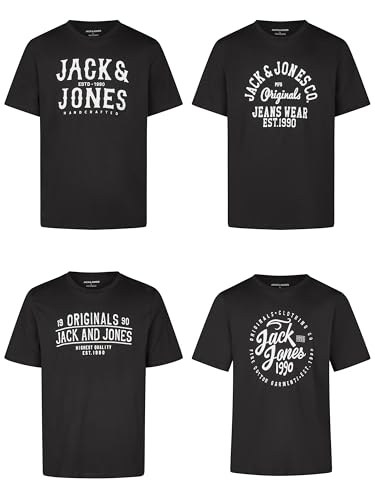 JACK & JONES JJLINO Lot de 4 t-shirts à col rond et manches courtes, Coupe droite, Imprimé été, 100 % coton, Noir, blanc, vert, rouge, bleu, gris, S, M, L, XL, XXL,...