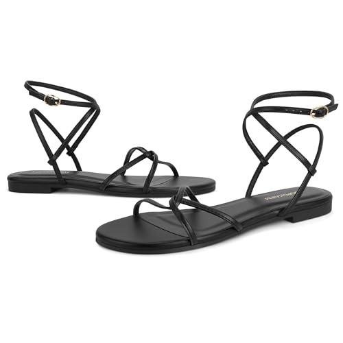Image of Women's Flat Sandals Strappy Open Round Toe Lace Up Shoes with Adjustable Ankle Strap for Summer