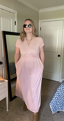 Styleword Womens' Pink Maternity Dress 2023 Summer V Neck Photoshoot Baby Shower Maxi Dresses For Nursing(Pink,L) #TOP2