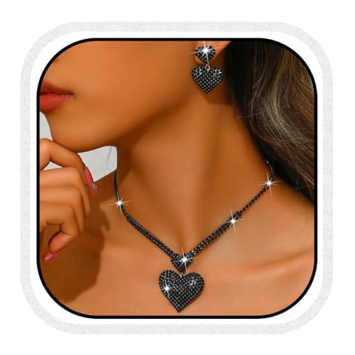 Unicra Crystal Heart Bridal Wedding Jewelry Set Black Rhinestone Necklace Earrings Sets Formal Costume Jewelry for Women and Brides