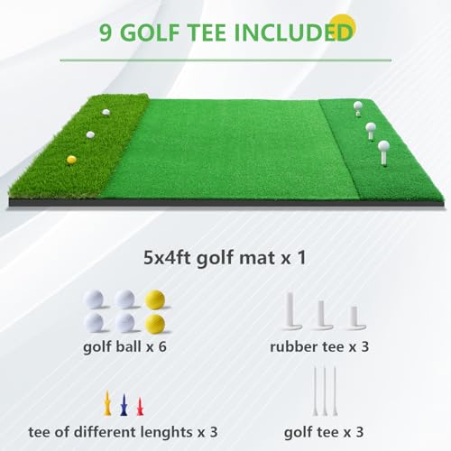 Golf Hitting Mat, 2024 Upgrade Pro Nylon Turf Golf Mats Practice Indoor Outdoor,5x4ft Premium Impact Turf Mat Come with 3 Rubber Tees, 6 Golf Balls, 6 Golf Tees for Golf Training Aids Chipping Swing