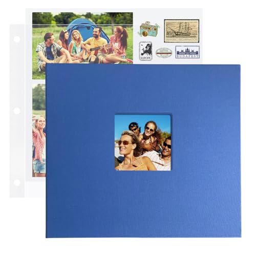 1DOT2 12x12 Inch Large 3 Ring DIY Scrapbook Photo Album with 40 Plastic Sleeves 80 White Pages Linen Cover Blank Scrapbooks, 12 x 12 Scrap Book Albums for Baby Travel Wedding Graduation kids (Blue)