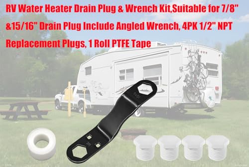 Image of RV Water Heater Drain Plug and Wrench Kit, for RV & Camper Water Heater Drain Plugs,Fits for 7 /8 inch &15 /16 inch Drain Plugs Include 1Pcs Angled Wrench 4Pcs 1 /2 inch NPT Replacement Plugs and 1 Roll PTFE Tape