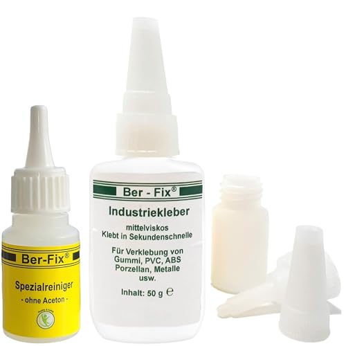 Ber-Fix Industriekleber mittelviskos (100 mPas) 50g leicht dickflüssig + Reiniger universell einsetzbar für Industrie und Heimwerker extra stark für Kunststoff Metall Holz PVC Gummi Keramik