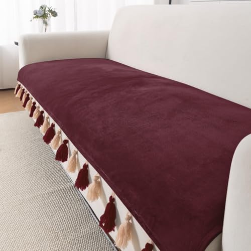 Image of HOKIPO Premium Holland Velvet Sofa Cover with Tassel for 1 /2 /3 Seater & L Shape Sofa | Make Your Own Set, 'TasselTone Series' Sofa Mat, 70(W) x 220(L) cm, Wine Red (NEW-IN-1110-MRN)