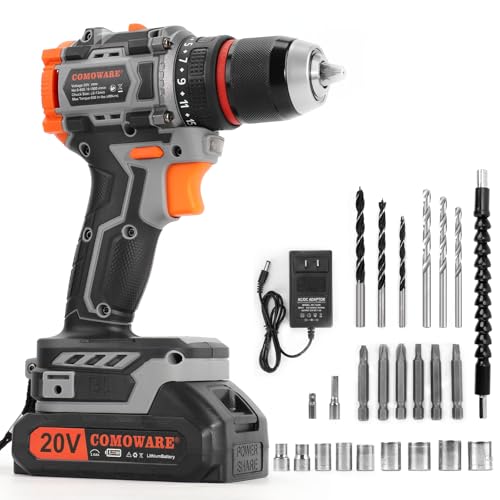 COMOWARE 20V Cordless Drill, Brushless Power Drill Set with 1.5Ah Li-ion Battery & Fast Charger, 23+1 Clutch 1/2" Keyless Chuck Max 38 N.m, Dual Speed Electric Drill Driver Accessories - Image 8