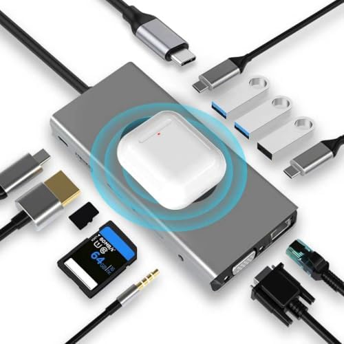 SZPACMATE USB C HUB 13 in 1 mit kabellosem Laden, Compatible with MacBook | Docking Station mit 4K-HDMI/VGA/2*USB3.0/USB C 3.0&2.0/RJ45 Ethernet/PD 100W, SD/TF&3.5mm AUX, Kompatibe