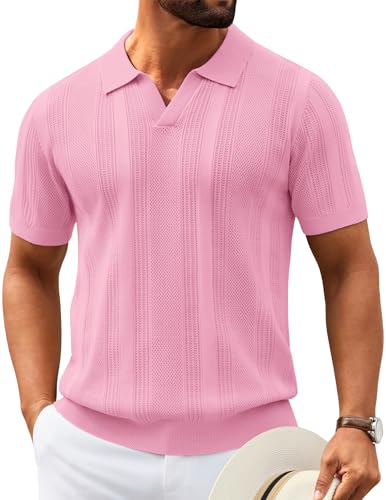 Image of COOFANDY Mens Knit Polo Shirts V Neck Textured Polo Shirts Short Sleeve Breathable Polo Casual Collared T Shirt Fashion Tops