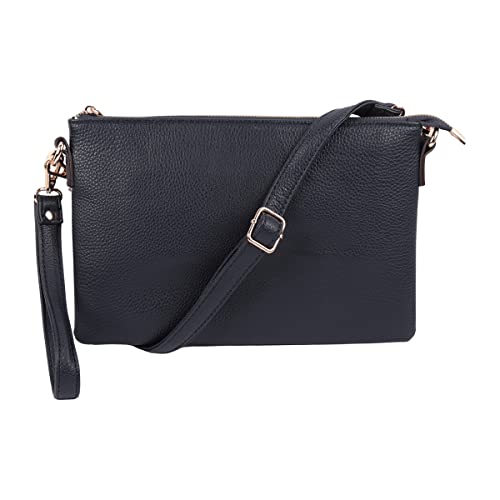 RIAH FASHION Convertible Vegan Leather Oversized Clutch Bag - Travel Purse Pouch Messenger Wristlet Shoulder & Crossbody Strap (Navy)