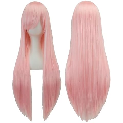 IMISSU 80cm Long Straight Natural Hair Cosplay Wigs with Bangs Colorful Halloween Costume Party Wig for Girl (Bright Pink) Cover