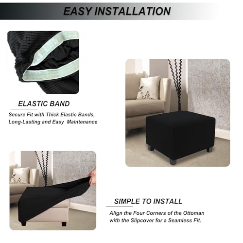 Image of NeColorLife Stretch Ottoman Cover Square Oversized Soft Knitted Jacquard Thick Covers for Large Square Ottoman Storage Stool Furniture Protector Black X-Large