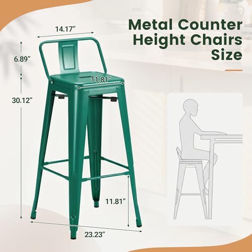 Butacos metálicos Shahoo de 30 pulgadas con respaldo, apilables, para barra y mostrador, estilo industrial, para interior y exterior, juego de 4 (verde) miniatura 3