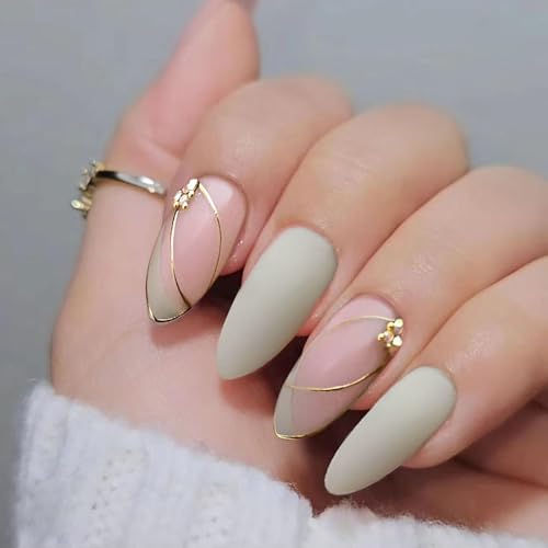 IQXGE Acrylic Press on Nails Almond Medium Full Cover Glossy False Fake Nails Press ons Fresh Green Stick on Nail Gold Line Leaf Artificial Fake Nail 24Pcs Reusable for Women — view 3