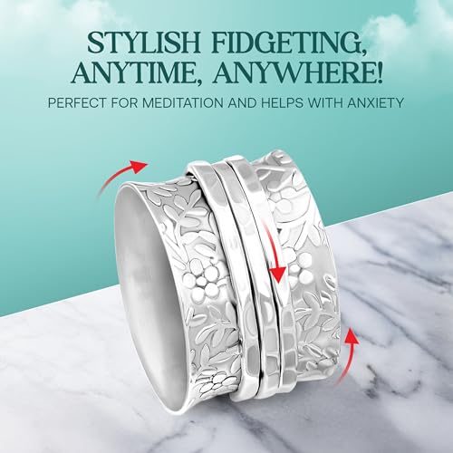 Boho-Magic Sterling Silver Spinner Ring for Women – 925 Spinning Ring Band – Wide Band Silver Fidget Rings for Women - for Meditation, Relaxation & Comfort3
