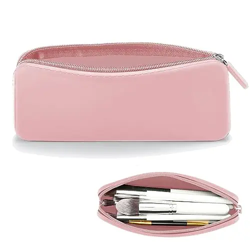 TailaiMei Large Travel Makeup Brush Holder - Zipper Anti-Fall Out Silicon Cosmetic Pouch, Makeup Tools Organizer For Travel (7.6 * 3.1 * 0.9 inches, Pink)