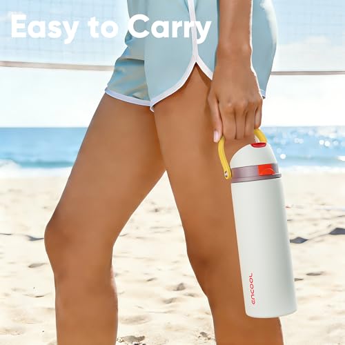 Image of Insulated Water Bottle with Straw - Encool Stainless Steel Water Bottle with Push Button Lid, Leak-Proof & BPA-Free, Keeps Cold for 24 Hours for Sports, Travel, Gym (32 oz, Quill Grey-Red)